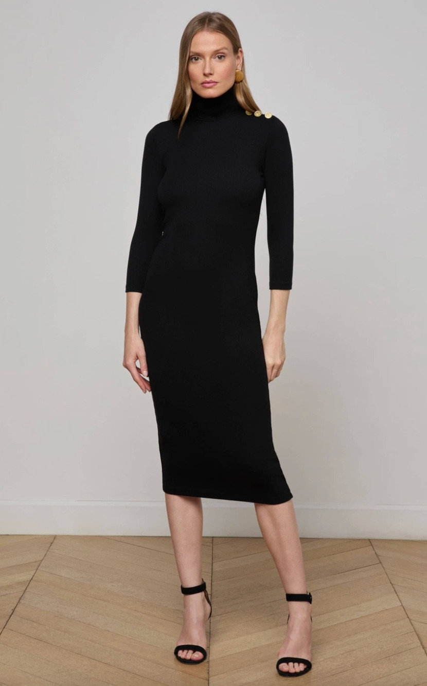 L'AGENCE Voletta Turtleneck Dress NWT Medium Modal Rib Knit 3/4 Sleeve Midi